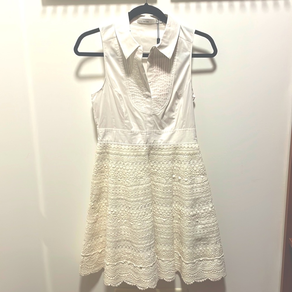 Karen Millen White Cotton Sleeveless Dress with Broderie Skirt. NWT